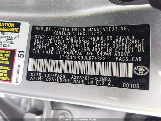 Продажа на аукционе авто 2018 Toyota Camry Le, vin: 4T1B11HK0JU074283, номер лота: 46373893