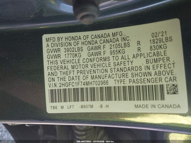 Продаж на аукціоні авто 2021 Honda Civic Ex-l, vin: 2HGFC1F74MH702966, номер лоту: 46373982