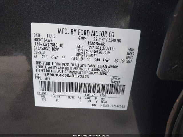 46374027 :رقم المزاد ، 2FMPK4K98JBB23553 vin ، 2018 Ford Edge Titanium مزاد بيع