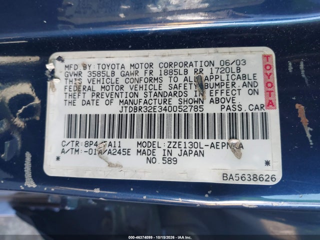 Продаж на аукціоні авто 2004 Toyota Corolla Le, vin: JTDBR32E340052785, номер лоту: 46374099