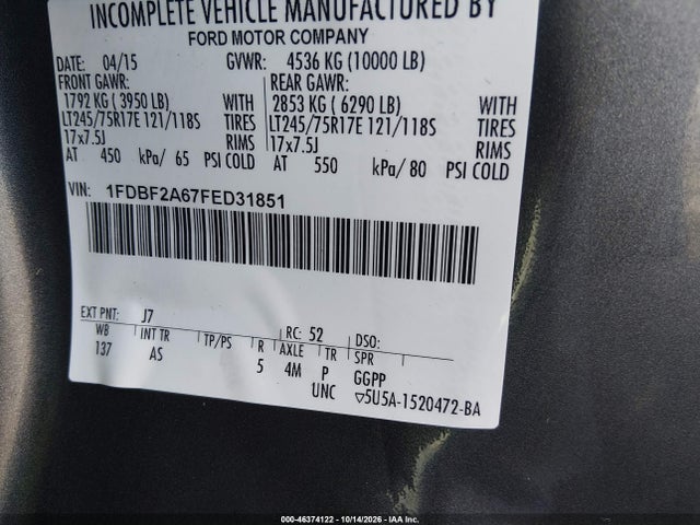 Продаж на аукціоні авто 2015 Ford F-250 Xl, vin: 1FDBF2A67FED31851, номер лоту: 46374122