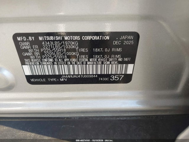 Aukcja sprzedaży 2026 Mitsubishi Outlander Sport 2.0 Es/2.0 Le/2.0 Ralliart/2.0 S/2.0 Se/2.0 Trail Edition, vin: JA4ARUAU4TU009844, numer aukcji: 46374161