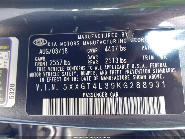 2019 Kia Optima S მანქანა იყიდება აუქციონზე, vin: 5XXGT4L39KG288931, აუქციონის ნომერი: 46374164