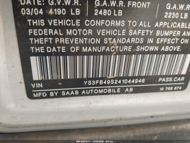 Продажа на аукционе авто 2004 Saab 9-3 Linear, vin: YS3FB49S241044946, номер лота: 46374171