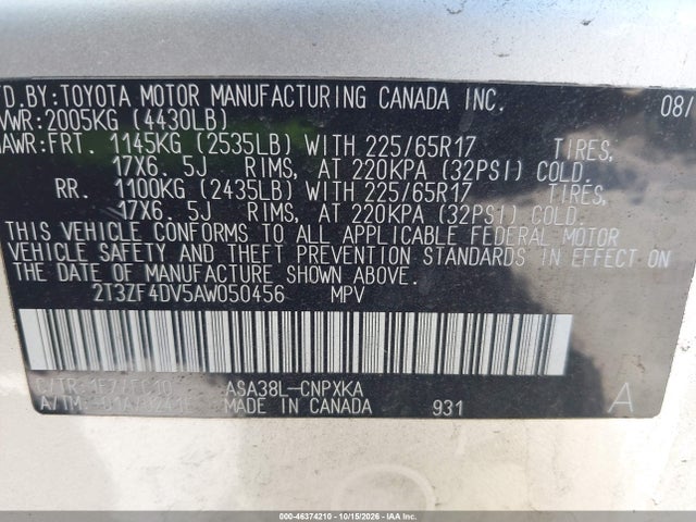 Aukcja sprzedaży 2010 Toyota Rav4, vin: 2T3ZF4DV5AW050456, numer aukcji: 46374210