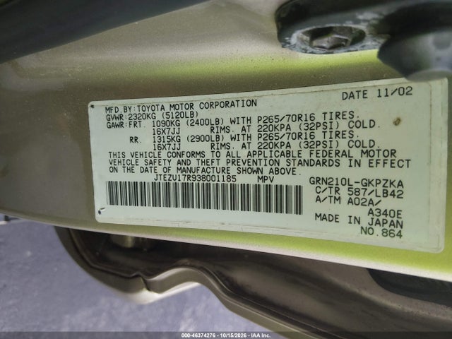 46374276 :رقم المزاد ، JTEZU17R938001185 vin ، 2003 Toyota 4runner Limited V6 مزاد بيع