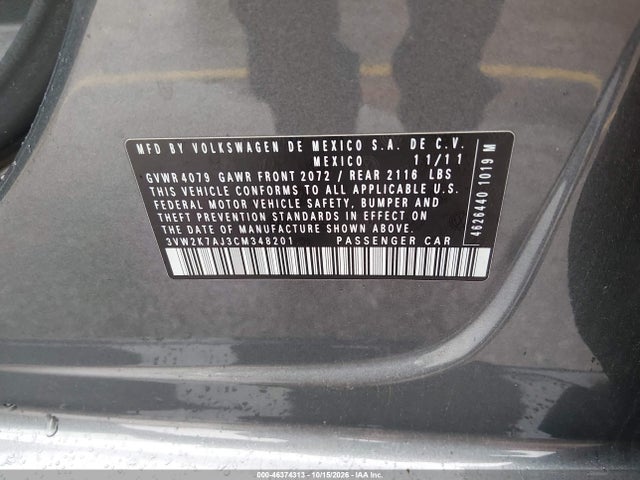 2012 Volkswagen Jetta 2.0l S მანქანა იყიდება აუქციონზე, vin: 3VW2K7AJ3CM348201, აუქციონის ნომერი: 46374313