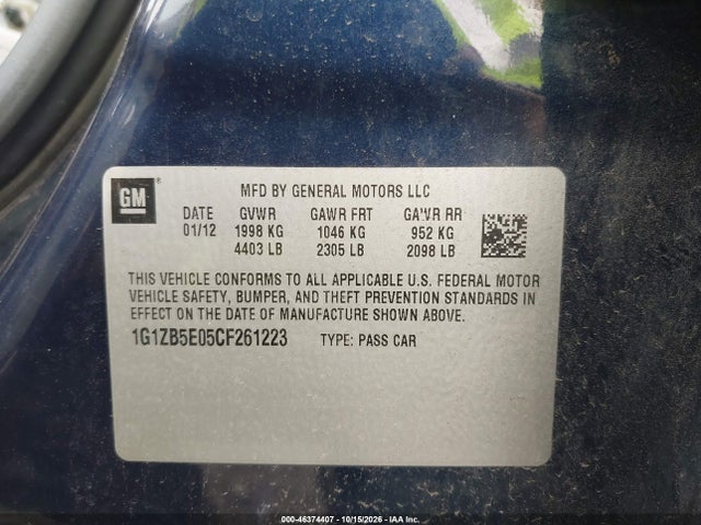 Продажа на аукционе авто 2012 Chevrolet Malibu Ls, vin: 1G1ZB5E05CF261223, номер лота: 46374407