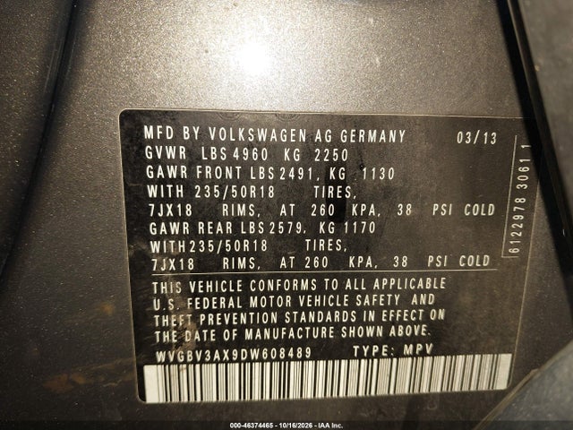 2013 Volkswagen Tiguan Se მანქანა იყიდება აუქციონზე, vin: WVGBV3AX9DW608489, აუქციონის ნომერი: 46374465