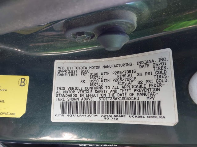46374467 :رقم المزاد ، 5TDZT38AX1S043160 vin ، 2001 Toyota Sequoia Limited V8 مزاد بيع