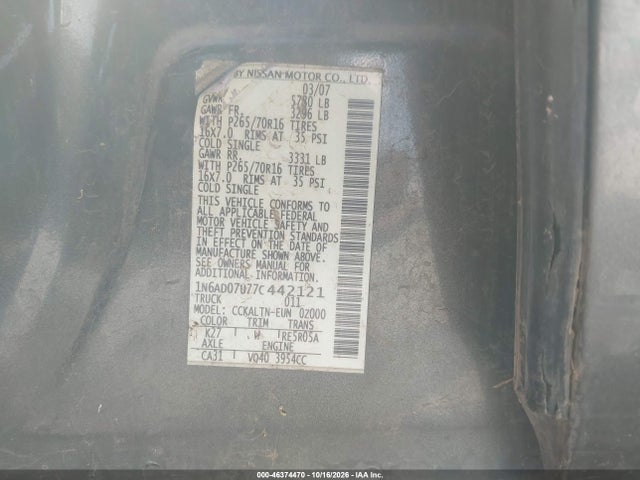 Aukcja sprzedaży 2007 Nissan Frontier Se, vin: 1N6AD07U77C442121, numer aukcji: 46374470