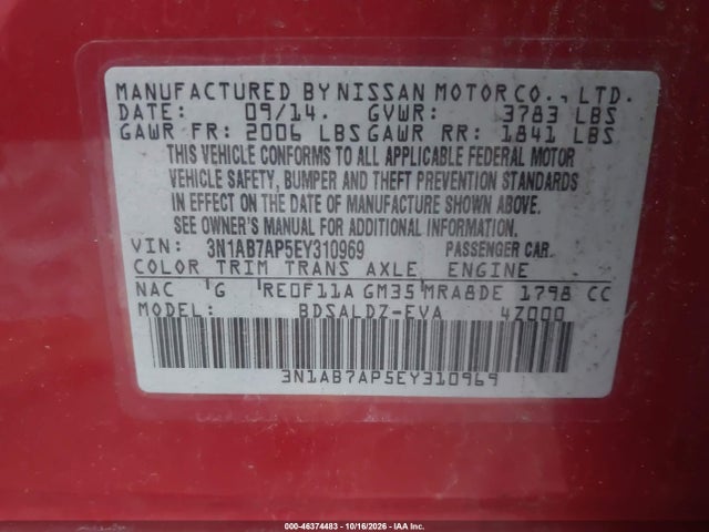 Продажа на аукционе авто 2014 Nissan Sentra Sv, vin: 3N1AB7AP5EY310969, номер лота: 46374483