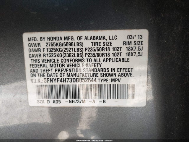 2013 Honda Pilot Ex-l მანქანა იყიდება აუქციონზე, vin: 5FNYF4H73DB052644, აუქციონის ნომერი: 46374506