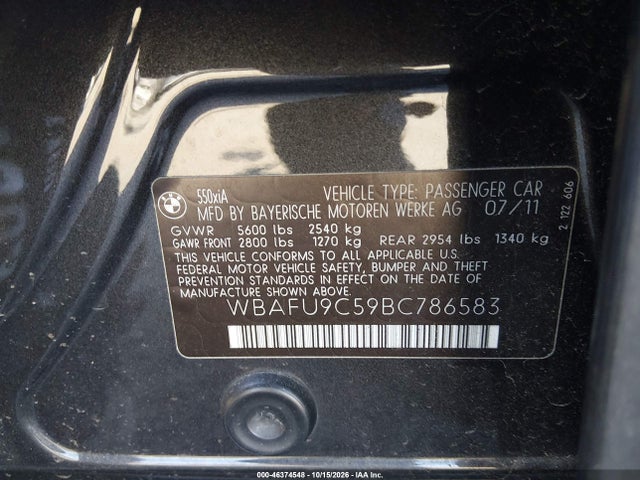 Продажа на аукционе авто 2011 Bmw 550i Xdrive, vin: WBAFU9C59BC786583, номер лота: 46374548