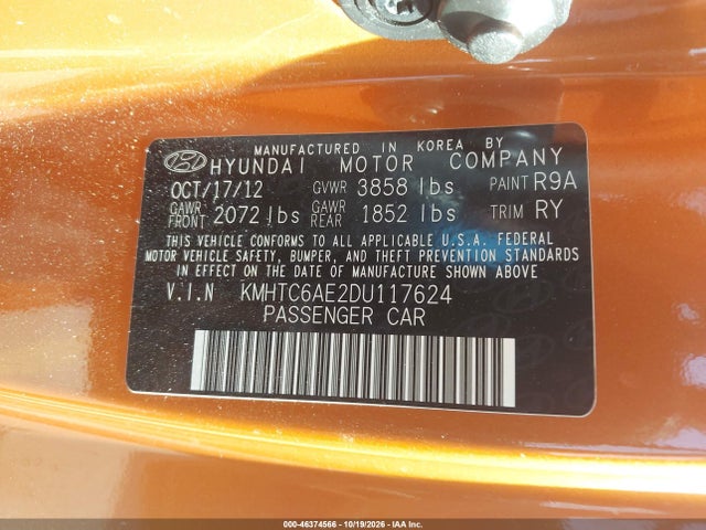 46374566 :رقم المزاد ، KMHTC6AE2DU117624 vin ، 2013 Hyundai Veloster Turbo W/black مزاد بيع