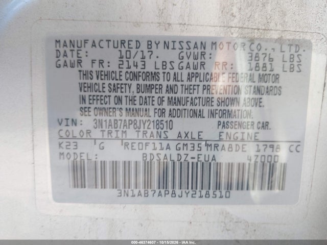 Aukcja sprzedaży 2018 Nissan Sentra Sv, vin: 3N1AB7AP8JY218510, numer aukcji: 46374607