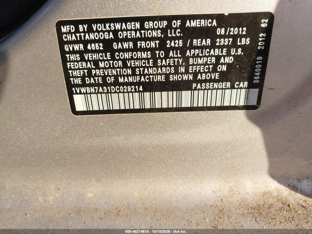 2013 Volkswagen Passat 2.0l Tdi Se მანქანა იყიდება აუქციონზე, vin: 1VWBN7A31DC029214, აუქციონის ნომერი: 46374615