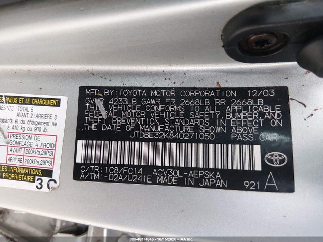 Aukcja sprzedaży 2004 Toyota Camry Se, vin: JTDBE32K840271050, numer aukcji: 46374646