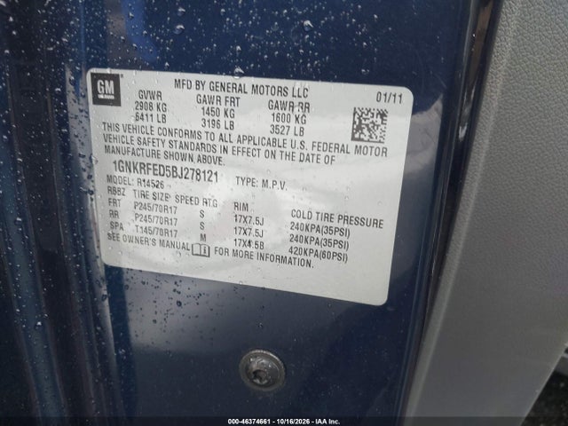 Aukcja sprzedaży 2011 Chevrolet Traverse Ls, vin: 1GNKRFED5BJ278121, numer aukcji: 46374661