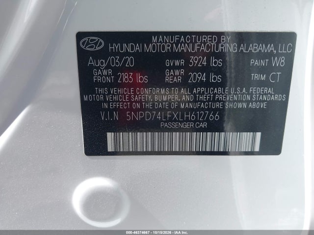 Aukcja sprzedaży 2020 Hyundai Elantra Se, vin: 5NPD74LFXLH612766, numer aukcji: 46374667