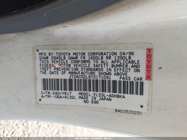 46374680 :رقم المزاد ، JT2AC52L8T0171091 vin ، 1996 Toyota Tercel Std/dx مزاد بيع