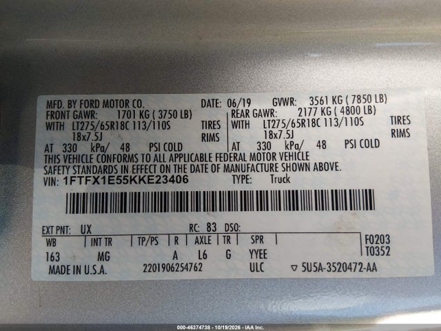 Ford F-150 Xlt 2019 1FTFX1E55KKE23406 Image 9