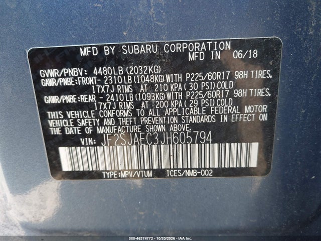 Продаж на аукціоні авто 2018 Subaru Forester 2.5i Premium, vin: JF2SJAEC3JH605794, номер лоту: 46374772