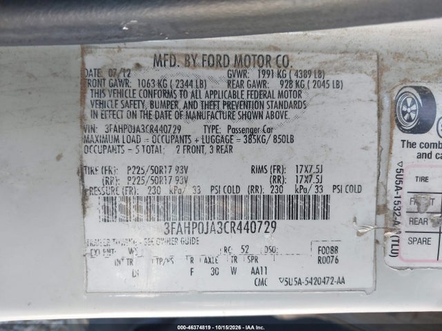 2012 Ford Fusion Sel მანქანა იყიდება აუქციონზე, vin: 3FAHP0JA3CR440729, აუქციონის ნომერი: 46374819