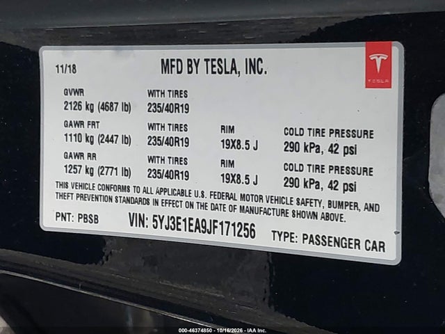 46374850 :رقم المزاد ، 5YJ3E1EA9JF171256 vin ، 2018 Tesla Model 3 Long Range/mid Range مزاد بيع