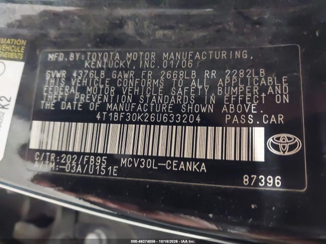Aukcja sprzedaży 2006 Toyota Camry Le/xle/se, vin: 4T1BF30K26U633204, numer aukcji: 46374856