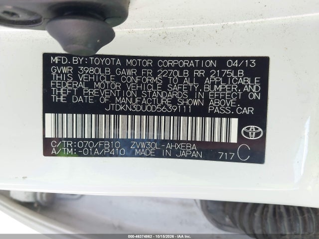 46374862 :رقم المزاد ، JTDKN3DU0D5639111 vin ، 2013 Toyota Prius Two مزاد بيع