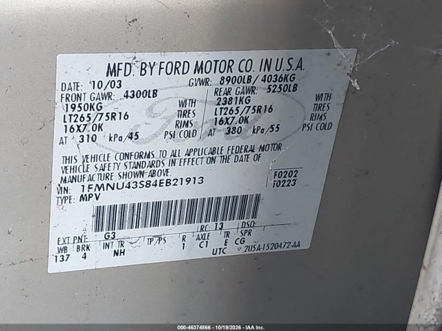 Продаж на аукціоні авто 2004 Ford Excursion Limited, vin: 1FMNU43S84EB21913, номер лоту: 46374866