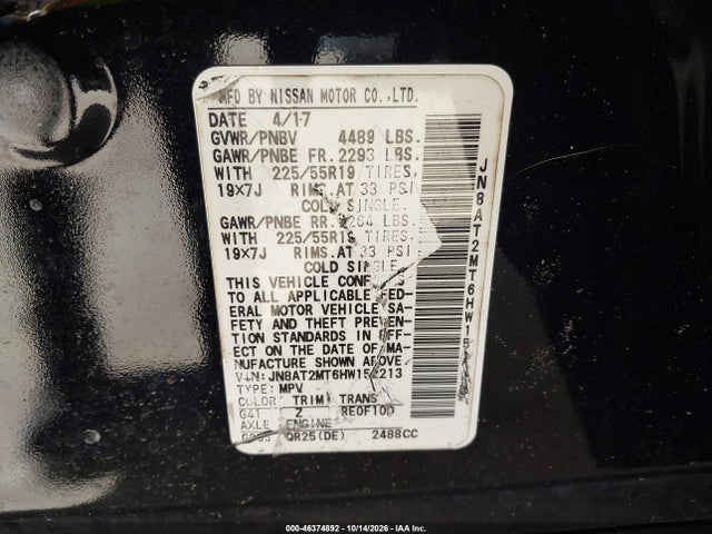 Aukcja sprzedaży 2017 Nissan Rogue Sl, vin: JN8AT2MT6HW152213, numer aukcji: 46374892