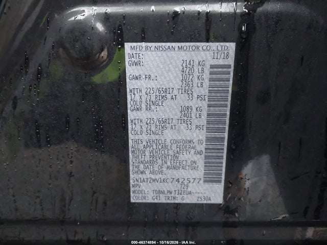 Продаж на аукціоні авто 2019 Nissan Rogue S, vin: 5N1AT2MV1KC742577, номер лоту: 46374894