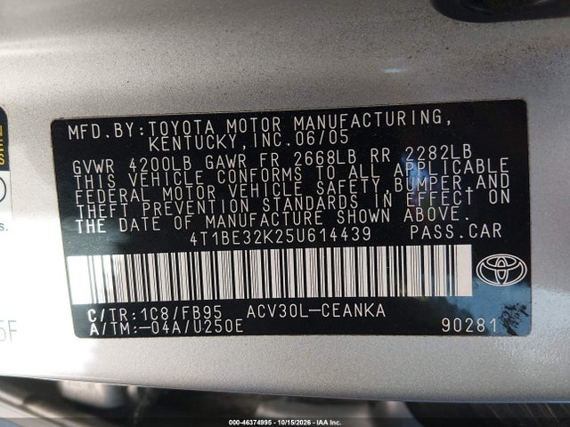 Aukcja sprzedaży 2005 Toyota Camry Le, vin: 4T1BE32K25U614439, numer aukcji: 46374995