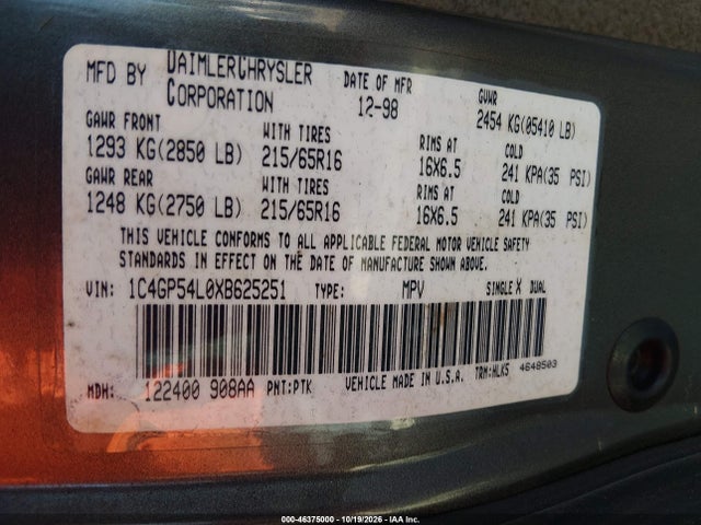 Продажа на аукционе авто 1999 Chrysler Town & Country Lx, vin: 1C4GP54L0XB625251, номер лота: 46375000