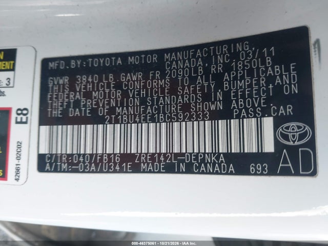 Продаж на аукціоні авто 2011 Toyota Corolla Le, vin: 2T1BU4EE1BC592333, номер лоту: 46375061