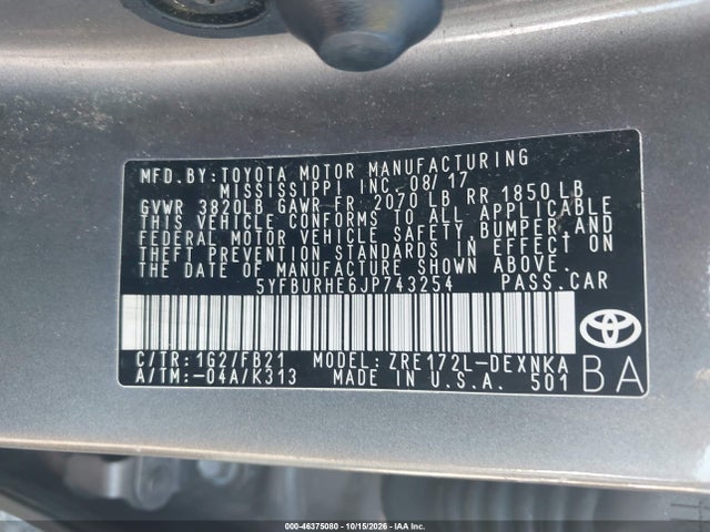 46375080 :رقم المزاد ، 5YFBURHE6JP743254 vin ، 2018 Toyota Corolla Le مزاد بيع