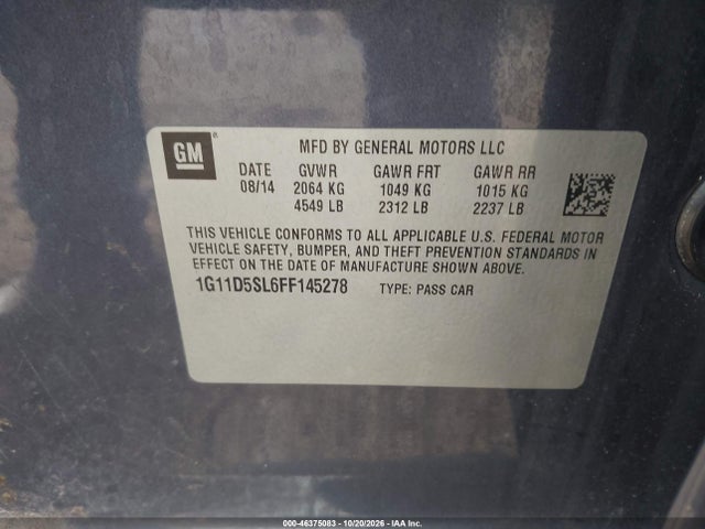 2015 Chevrolet Malibu 2lt მანქანა იყიდება აუქციონზე, vin: 1G11D5SL6FF145278, აუქციონის ნომერი: 46375083