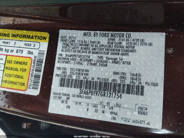2016 Ford Fusion Se მანქანა იყიდება აუქციონზე, vin: 3FA6P0T97GR121754, აუქციონის ნომერი: 46375088