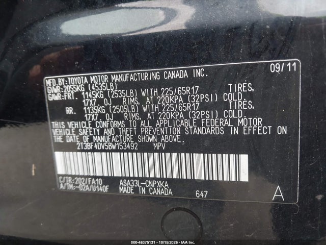 Продаж на аукціоні авто 2011 Toyota Rav4, vin: 2T3BF4DV5BW153492, номер лоту: 46375131
