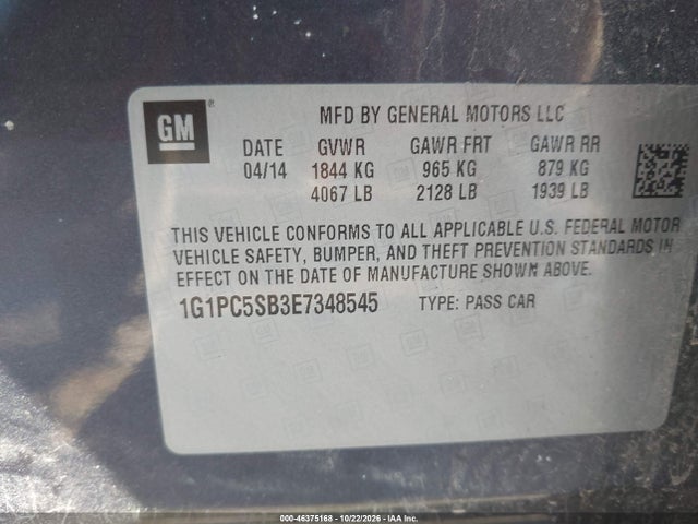 2014 Chevrolet Cruze 1lt Auto მანქანა იყიდება აუქციონზე, vin: 1G1PC5SB3E7348545, აუქციონის ნომერი: 46375168