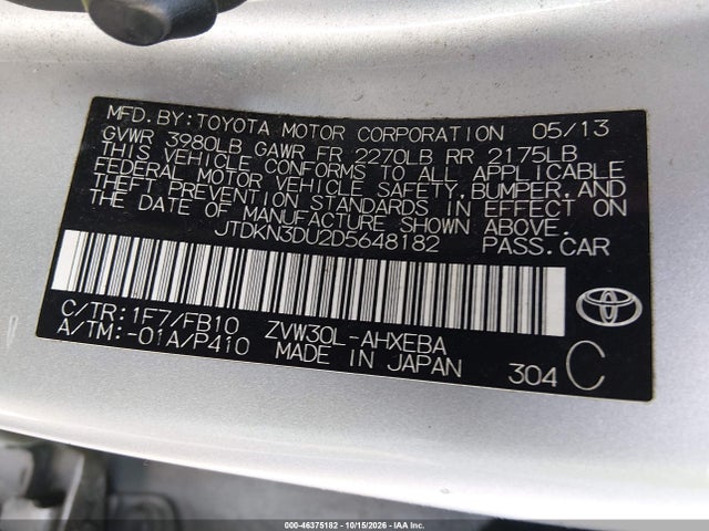 Aukcja sprzedaży 2013 Toyota Prius Three, vin: JTDKN3DU2D5648182, numer aukcji: 46375182