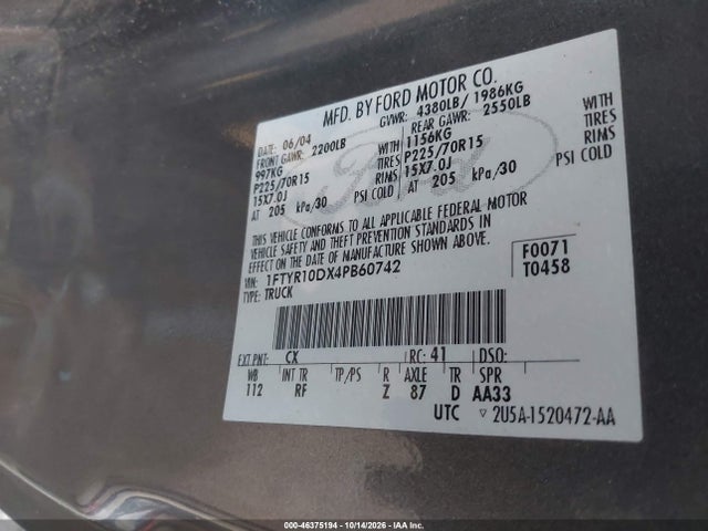 46375194 :رقم المزاد ، 1FTYR10DX4PB60742 vin ، 2004 Ford Ranger Xl/xlt مزاد بيع