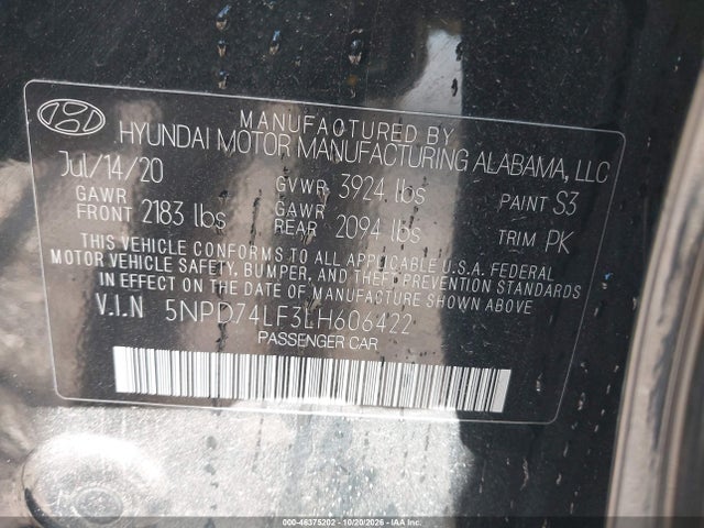 Продаж на аукціоні авто 2020 Hyundai Elantra Se, vin: 5NPD74LF3LH606422, номер лоту: 46375202