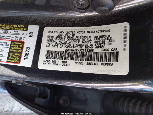 46375226 :رقم المزاد ، 1NXBU4EEXAZ369298 vin ، 2010 Toyota Corolla Le مزاد بيع