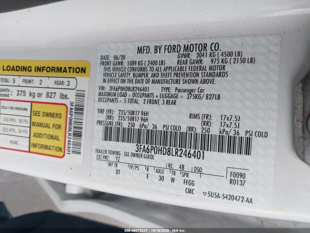 46375237 :رقم المزاد ، 3FA6P0HD8LR246401 vin ، 2020 Ford Fusion Se مزاد بيع