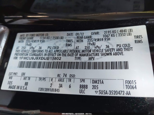 2013 Ford Escape Titanium მანქანა იყიდება აუქციონზე, vin: 1FMCU9J9XDUB15802, აუქციონის ნომერი: 46375272