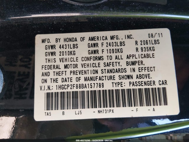Aukcja sprzedaży 2011 Honda Accord 2.4 Ex-l, vin: 1HGCP2F88BA157789, numer aukcji: 46375295