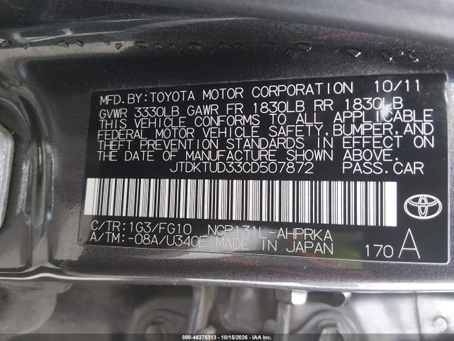 Aukcja sprzedaży 2012 Toyota Yaris Le, vin: JTDKTUD33CD507872, numer aukcji: 46375313
